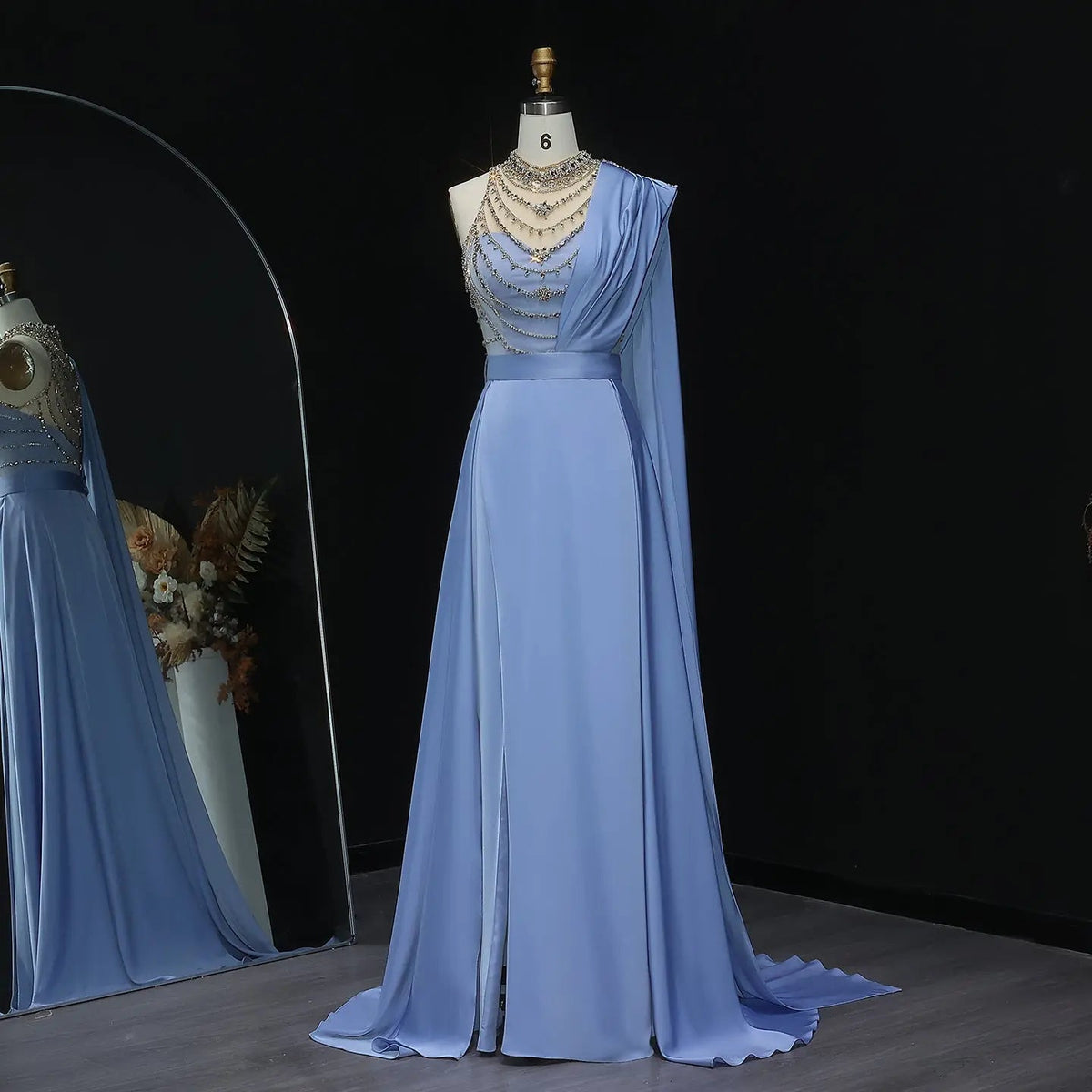 Elegant Blue Luxury Crystal Evening Gowns with Cape SS300
