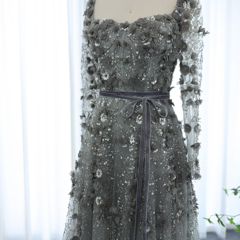 Luxury 3D Flower Gray Long Sleeves A-Line Evening Dress SS353
