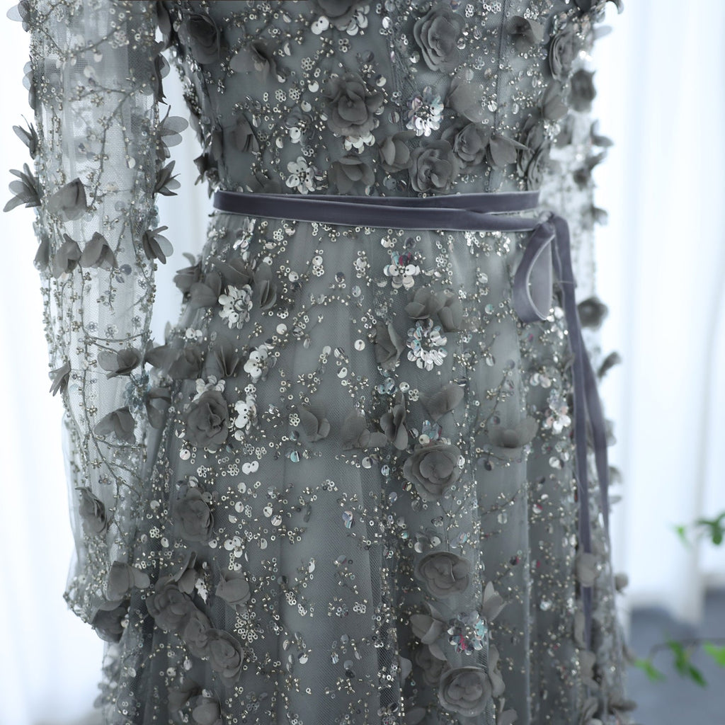 Luxury 3D Flower Gray Long Sleeves A-Line Evening Dress SS353
