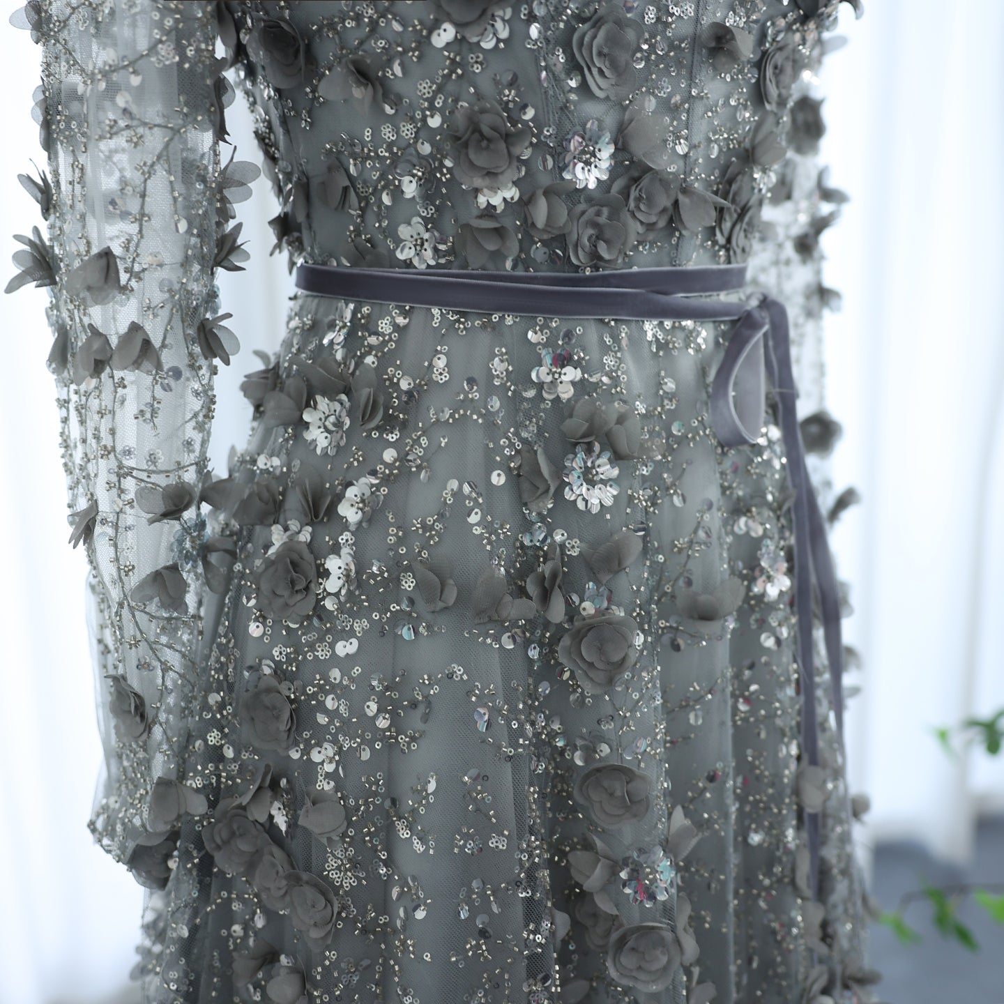 Luxury 3D Flower Gray Long Sleeves A-Line Evening Dress SS353