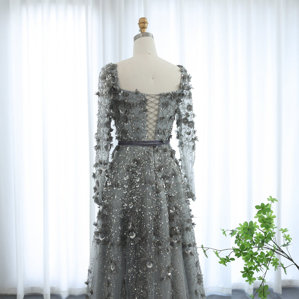 Luxury 3D Flower Gray Long Sleeves A-Line Evening Dress SS353