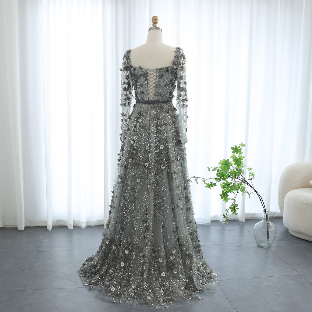 Luxury 3D Flower Gray Long Sleeves A-Line Evening Dress SS353