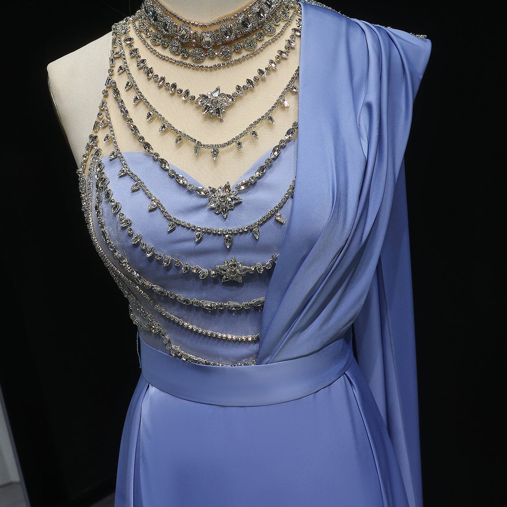 Luxury Crystal Blue Evening Dress with Overskirt SS300
