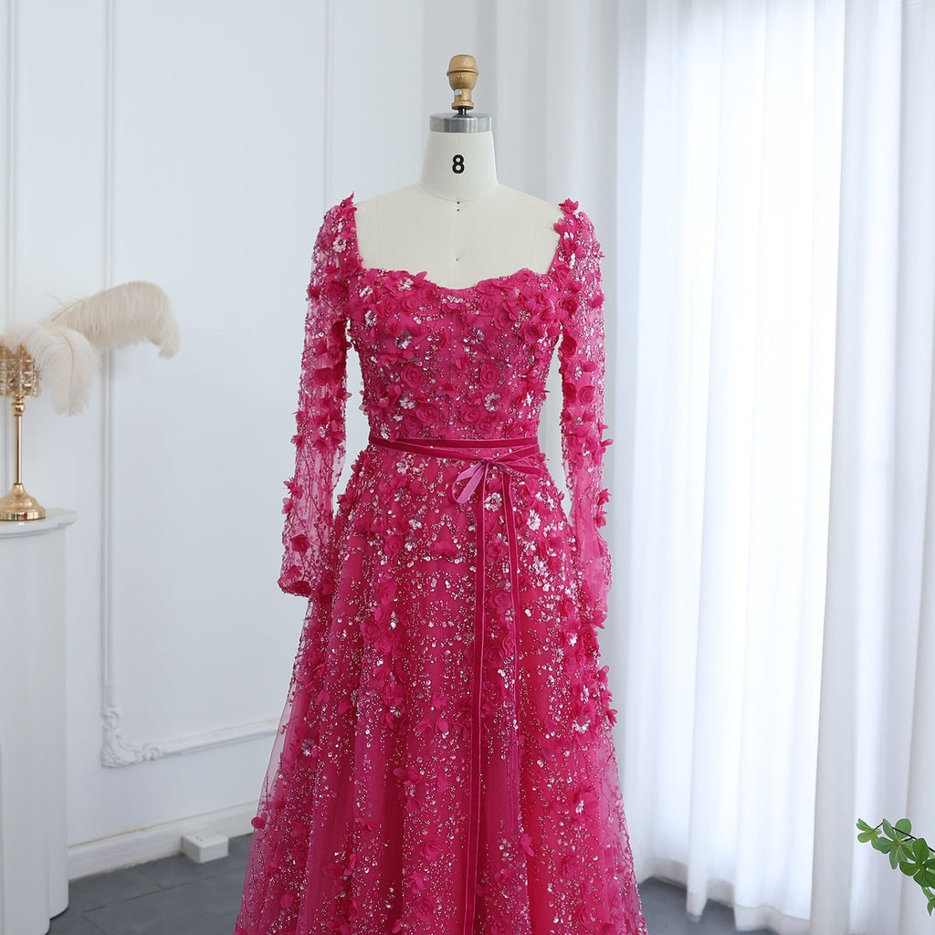 Luxury 3D Flower Gray Long Sleeves A-Line Evening Dress SS353