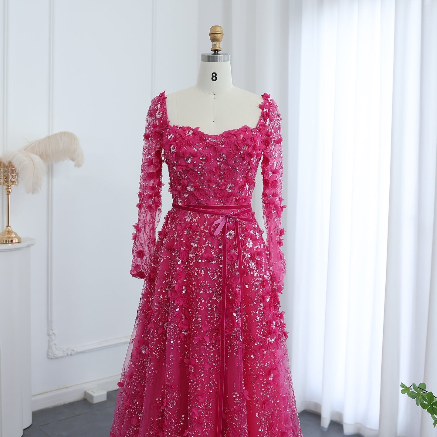Luxury 3D Flower Gray Long Sleeves A-Line Evening Dress SS353