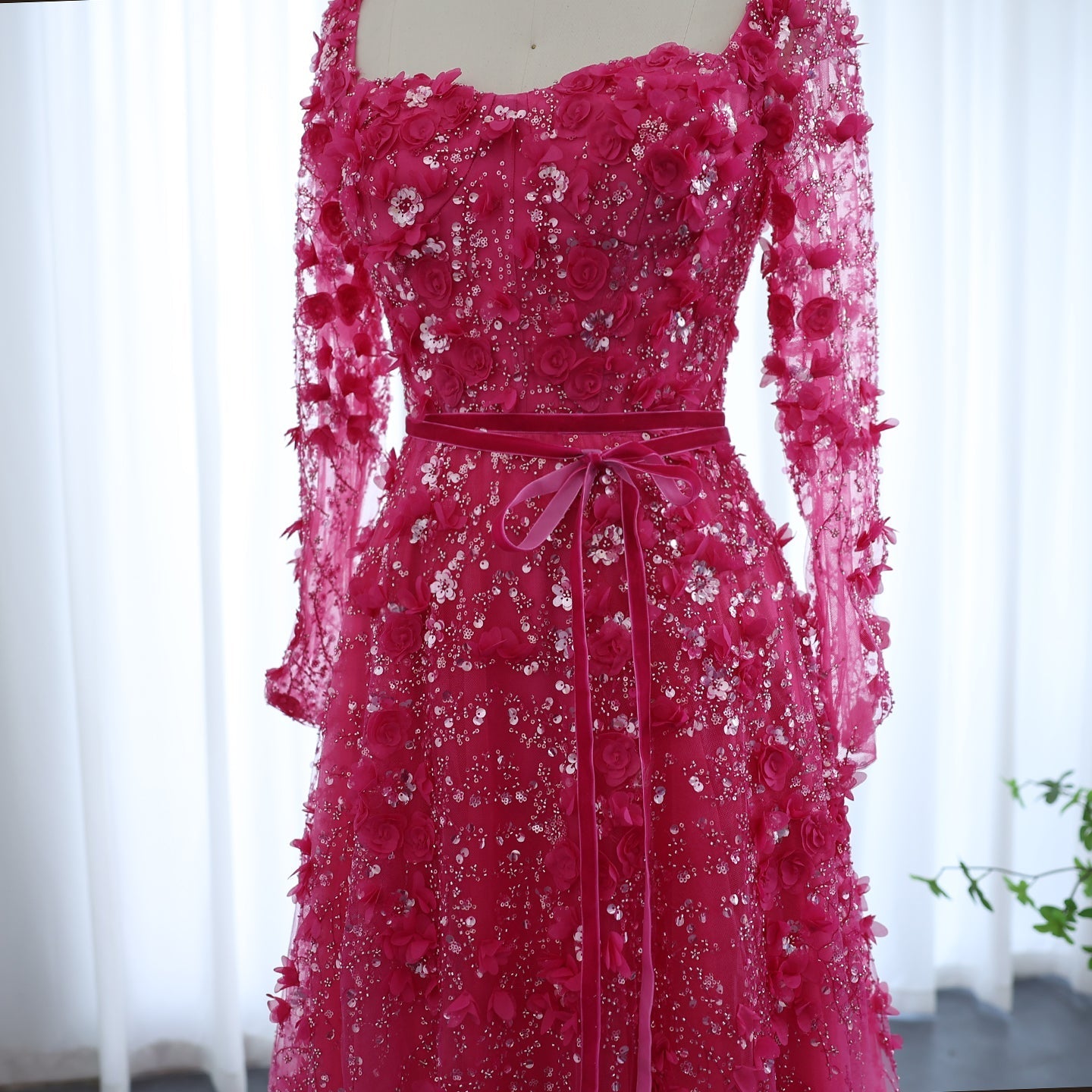 Luxury 3D Flower Gray Long Sleeves A-Line Evening Dress SS353