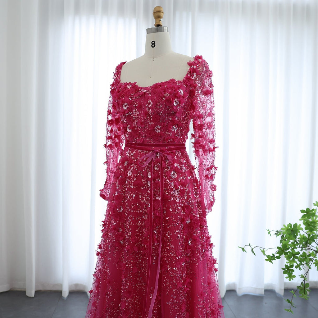 Luxury 3D Flower Gray Long Sleeves A-Line Evening Dress SS353