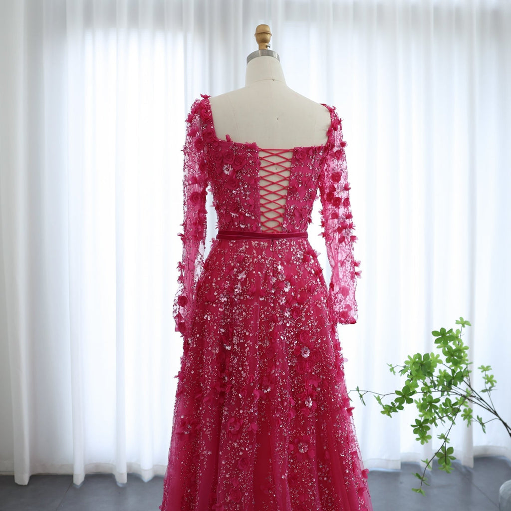 Luxury 3D Flower Gray Long Sleeves A-Line Evening Dress SS353