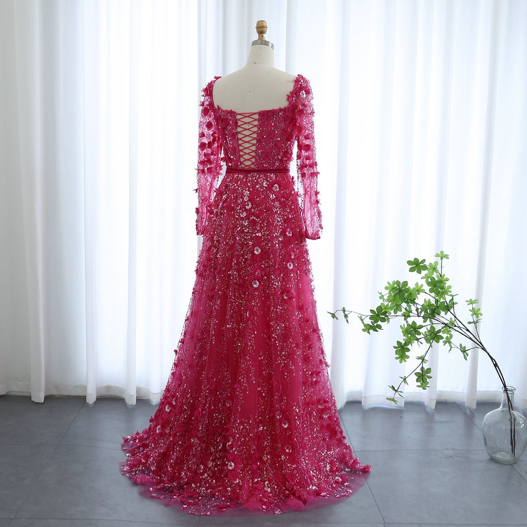 Luxury 3D Flower Gray Long Sleeves A-Line Evening Dress SS353