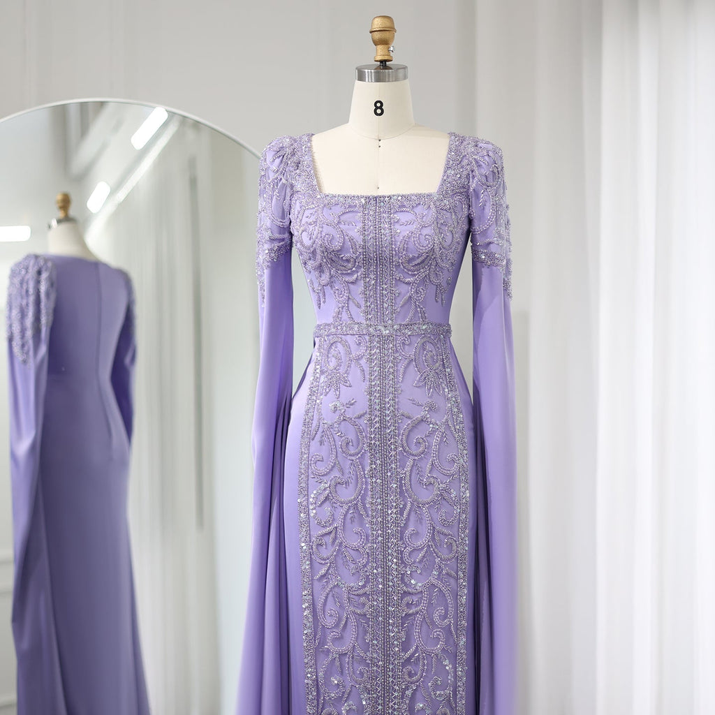 Luxury Blue Mermaid Evening Dress with Cape Sleeves SS365