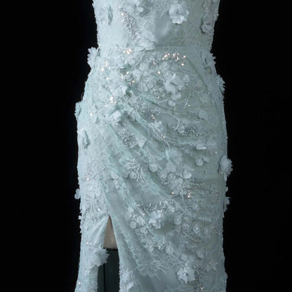 Backless Halter Mermaid Formal Evening Dress 3D Flower Sequin Lace High Slit Floor Length Party Gown SS603