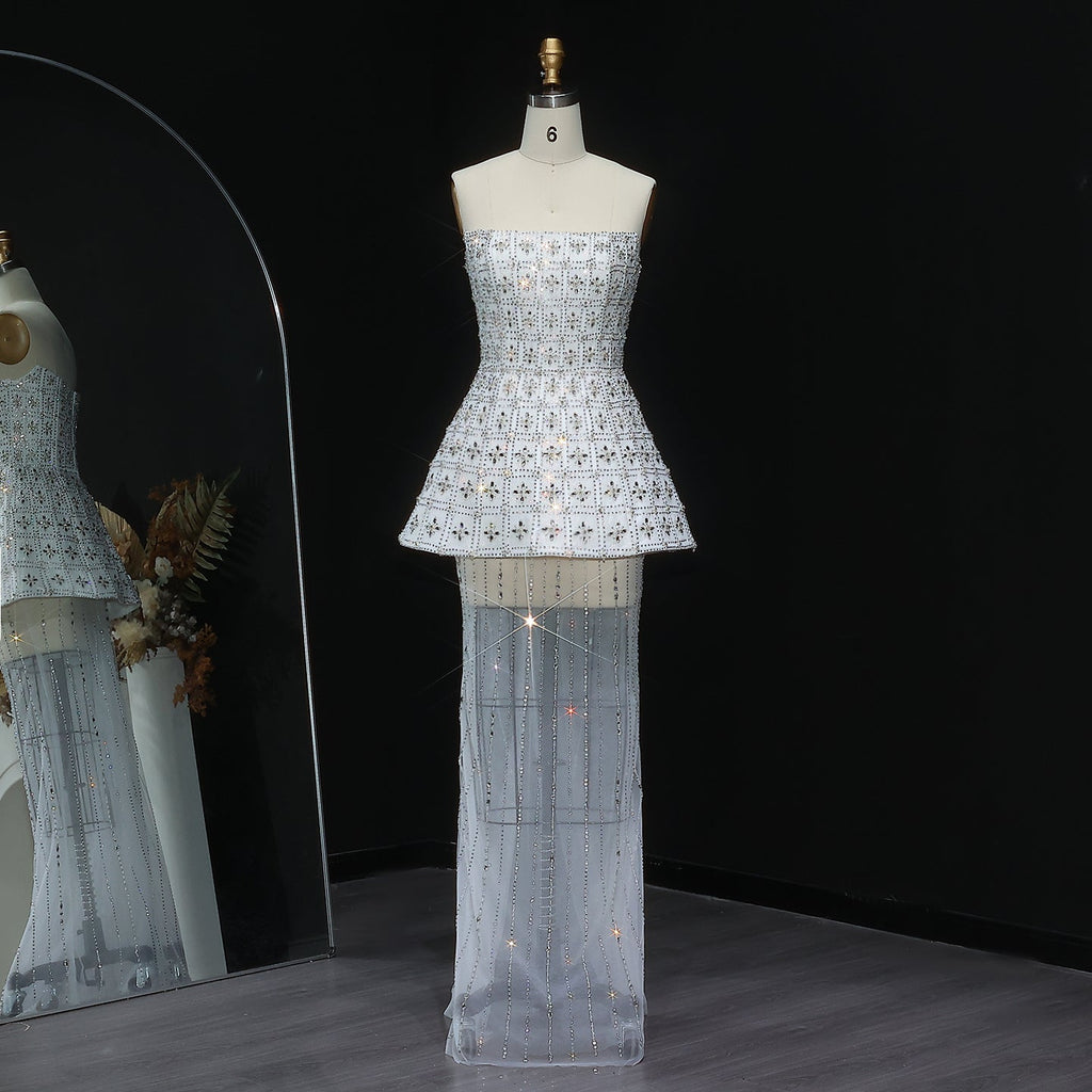 Stunning Crystal White Evening Dress with Flowing Cape SS545
