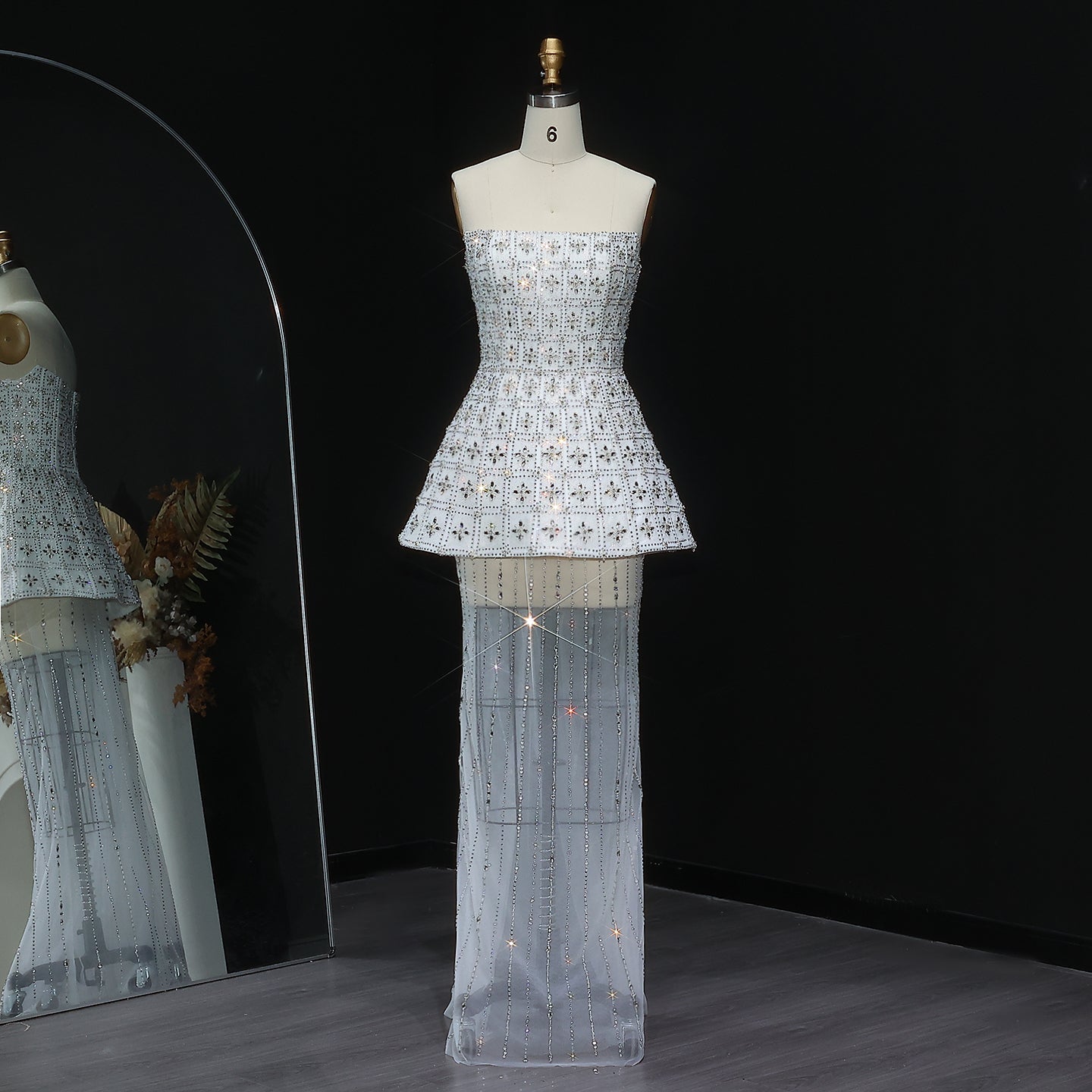 Stunning Crystal White Evening Dress with Flowing Cape SS545
