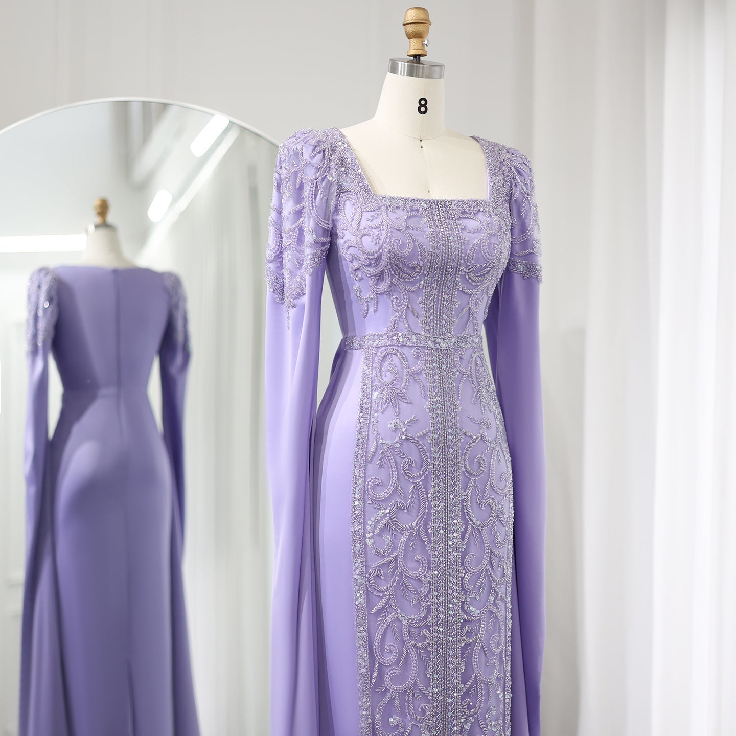 Luxury Blue Mermaid Evening Dress with Cape Sleeves SS365