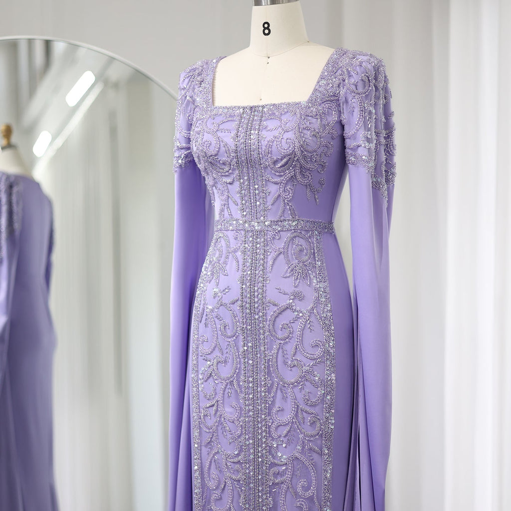 Luxury Blue Mermaid Evening Dress with Cape Sleeves SS365