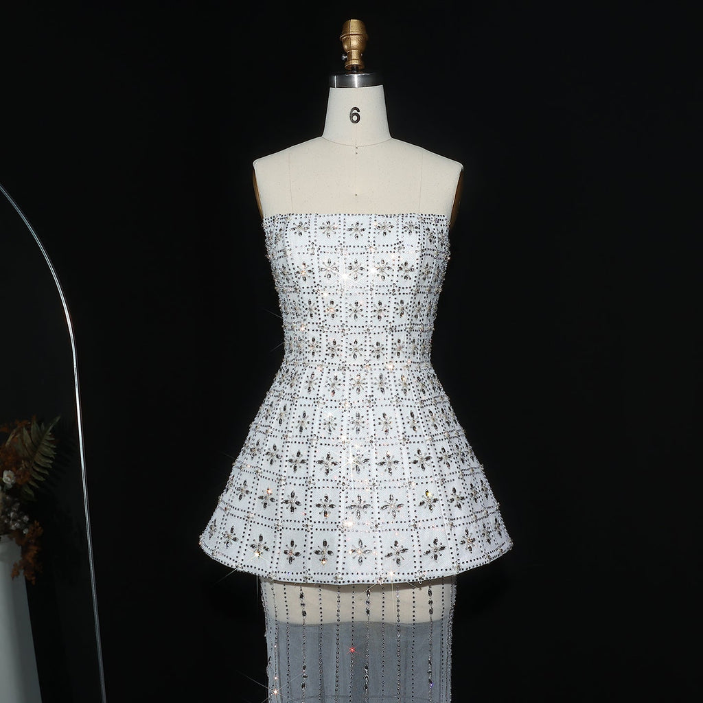 Stunning Crystal White Evening Dress with Flowing Cape SS545