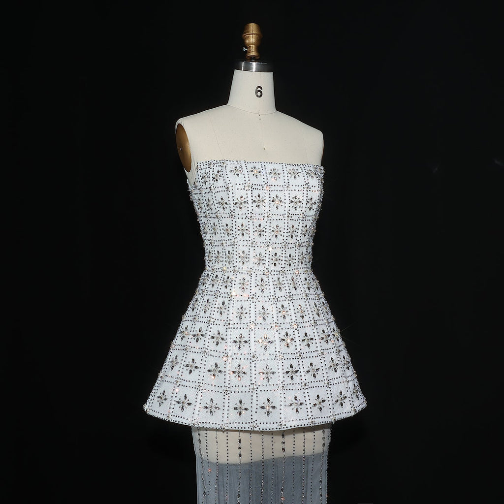 Stunning Crystal White Evening Dress with Flowing Cape SS545
