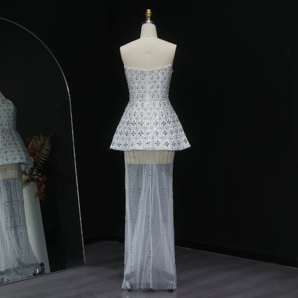 Stunning Crystal White Evening Dress with Flowing Cape SS545
