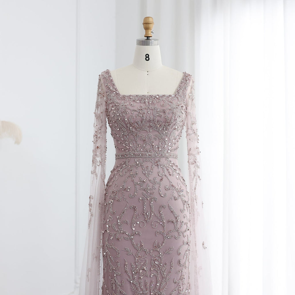 Luxury Beaded Turquoise Evening Dress with Cape Sleeves SS469