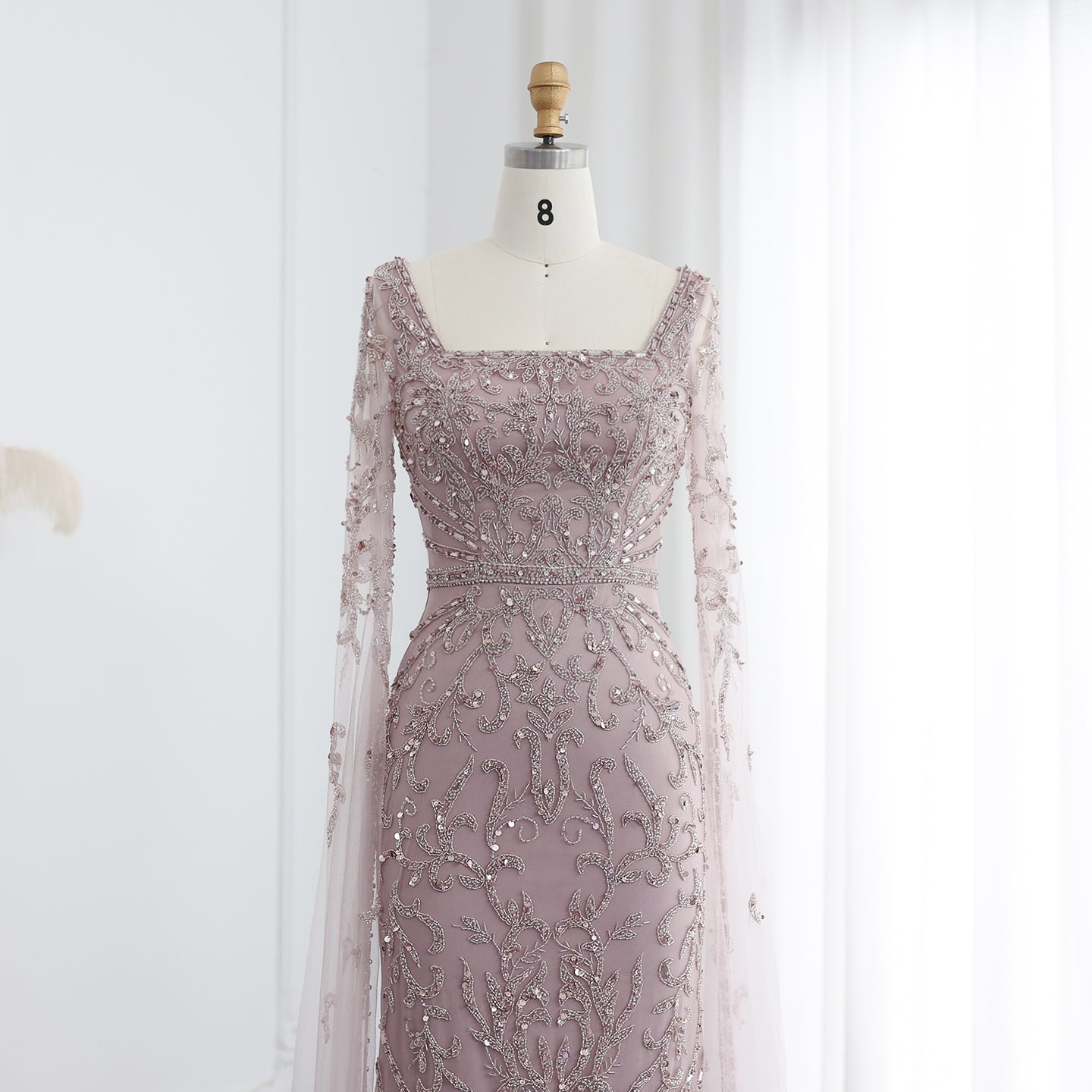 Luxury Beaded Turquoise Evening Dress with Cape Sleeves SS469
