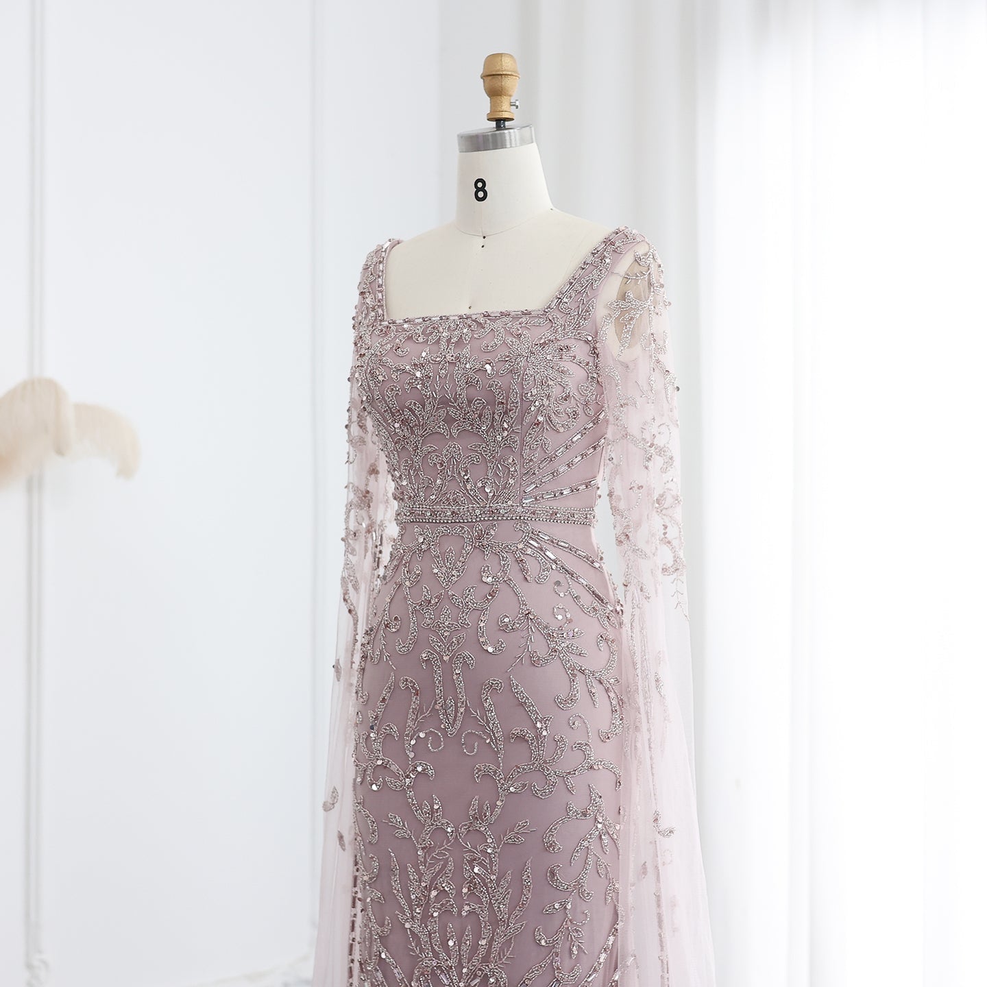 Luxury Beaded Turquoise Evening Dress with Cape Sleeves SS469