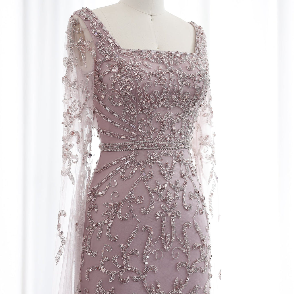 Luxury Beaded Turquoise Evening Dress with Cape Sleeves SS469