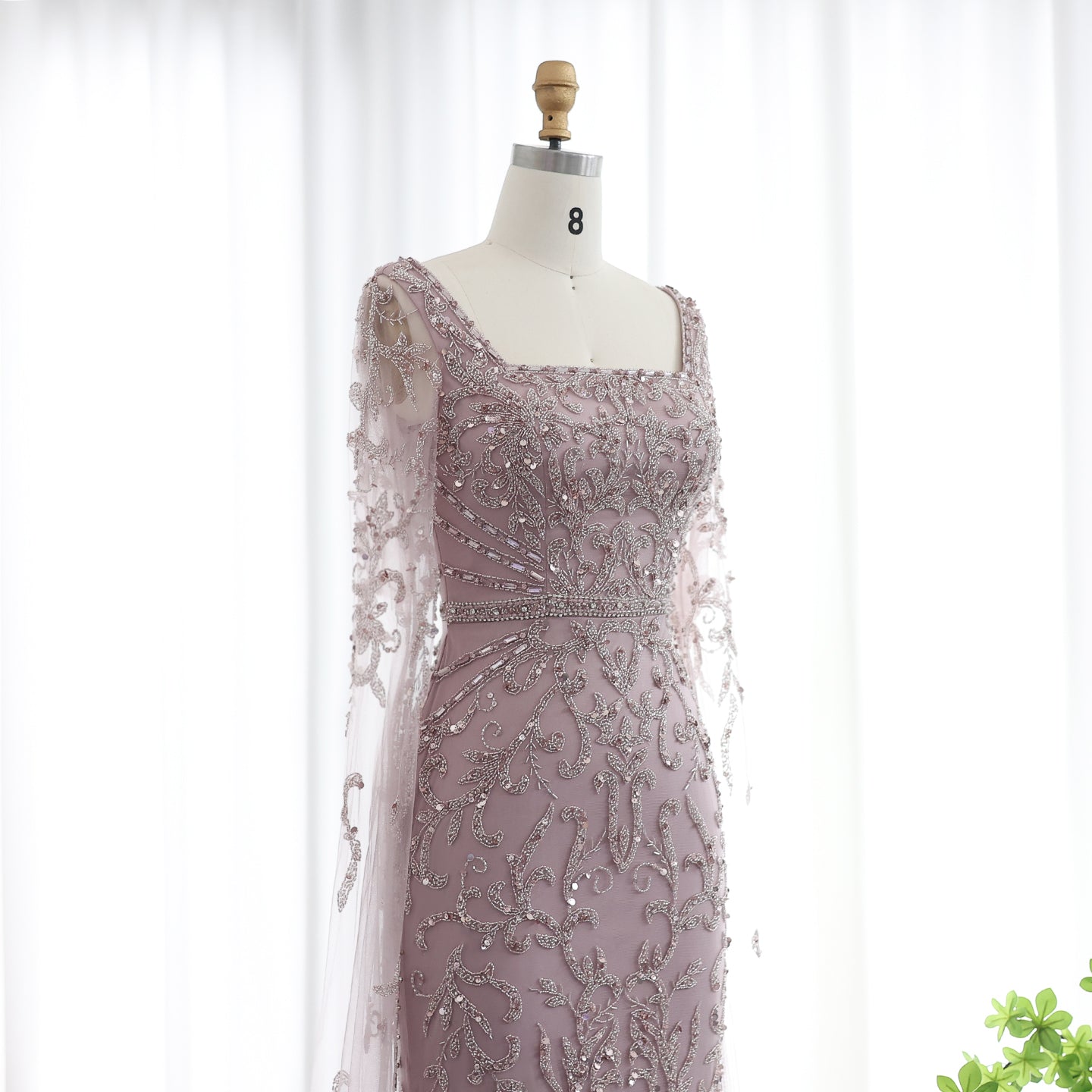 Luxury Beaded Turquoise Evening Dress with Cape Sleeves SS469