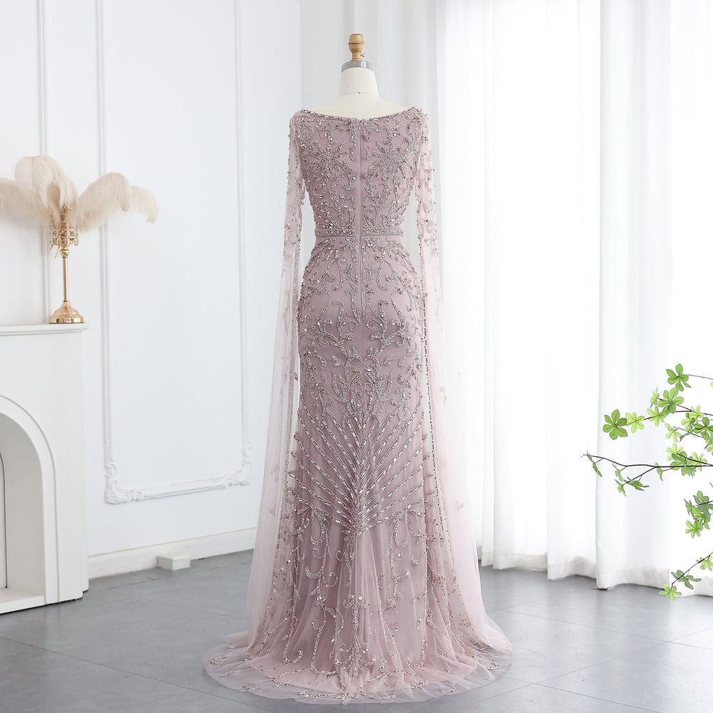 Luxury Beaded Turquoise Evening Dress with Cape Sleeves SS469