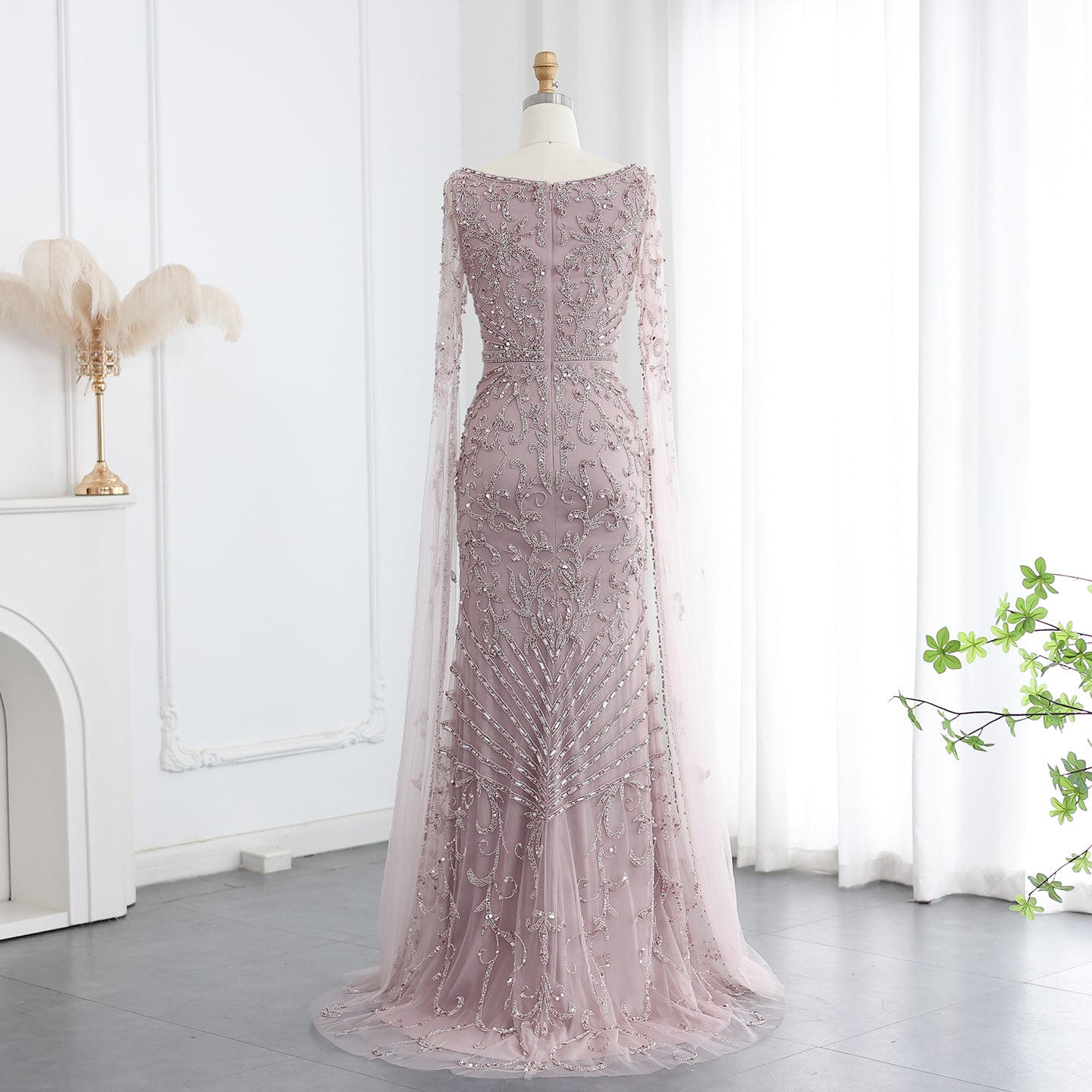 Luxury Beaded Turquoise Evening Dress with Cape Sleeves SS469