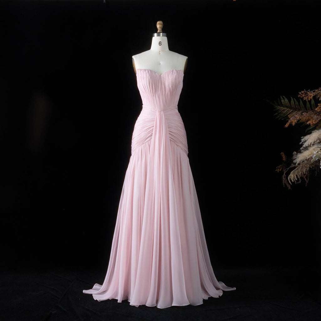 Luxury Pink Neck Pleated Chiffon Fitted Mermaid Evening Dress SF057
