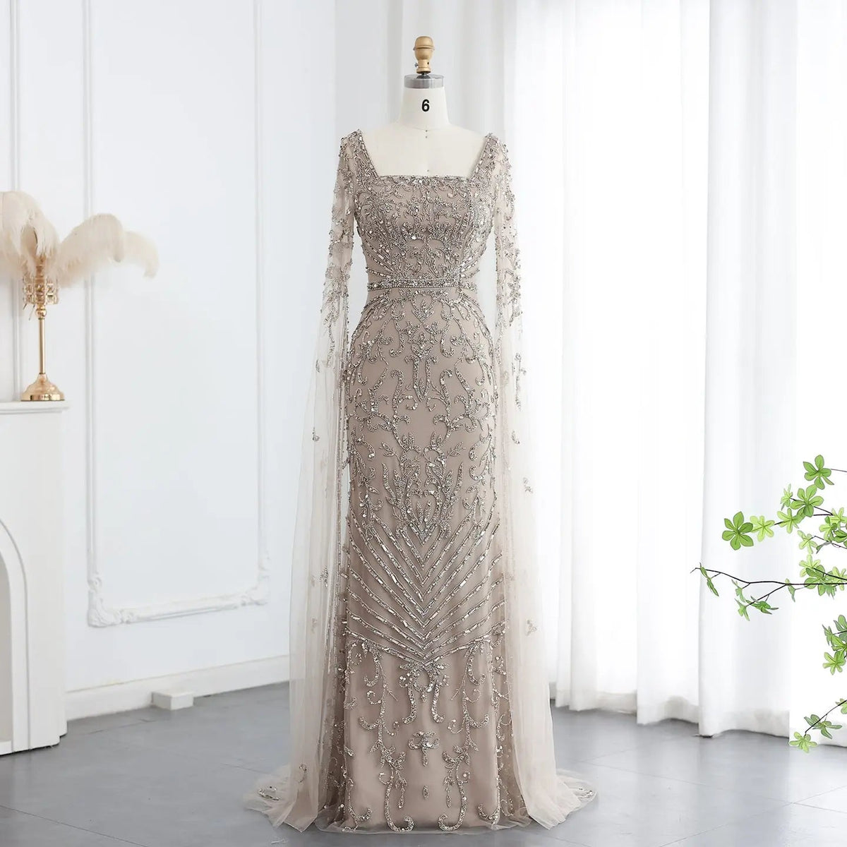 Luxury Turquoise Beaded Mermaid Evening Dress with Cape Sleeves SS469