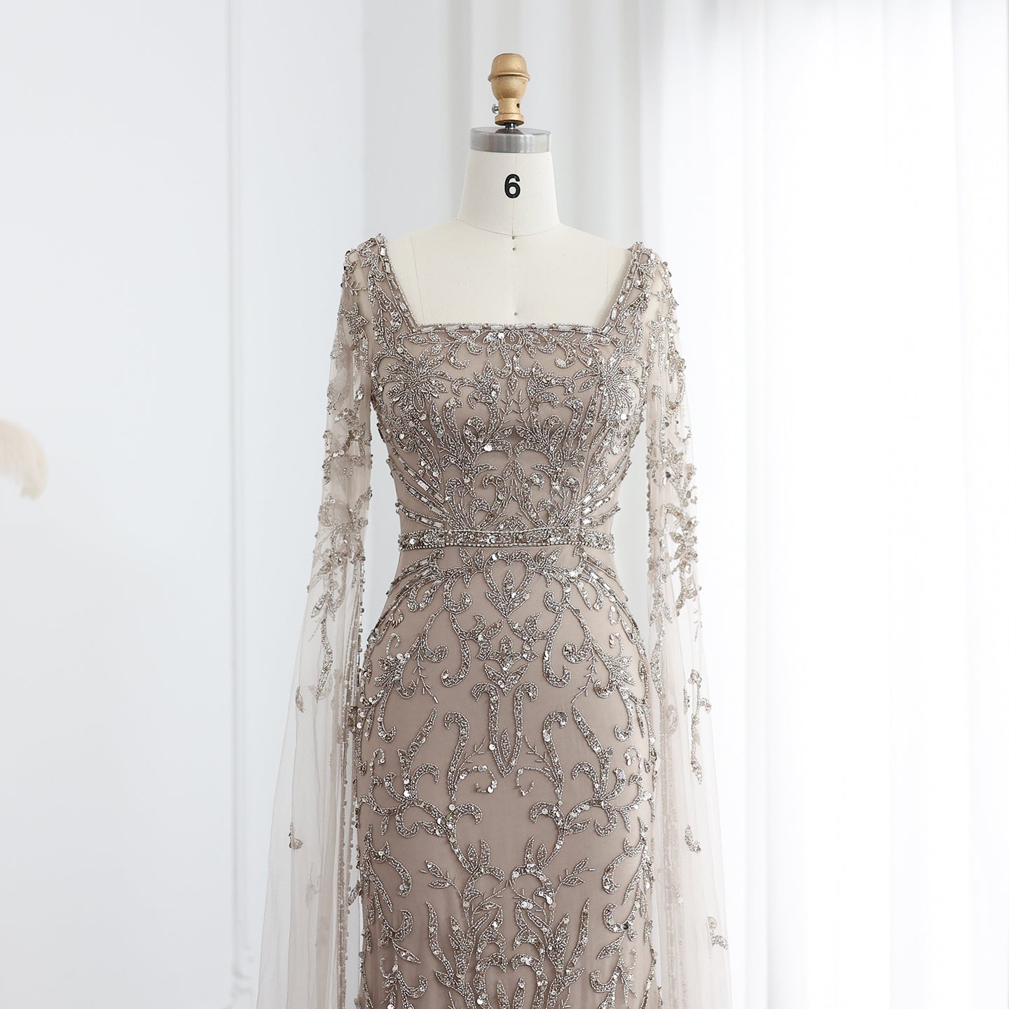 Luxury Beaded Turquoise Evening Dress with Cape Sleeves SS469