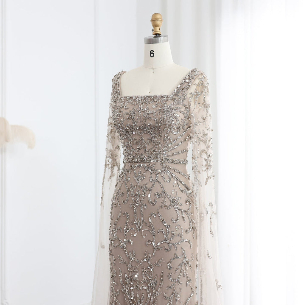 Luxury Beaded Turquoise Evening Dress with Cape Sleeves SS469