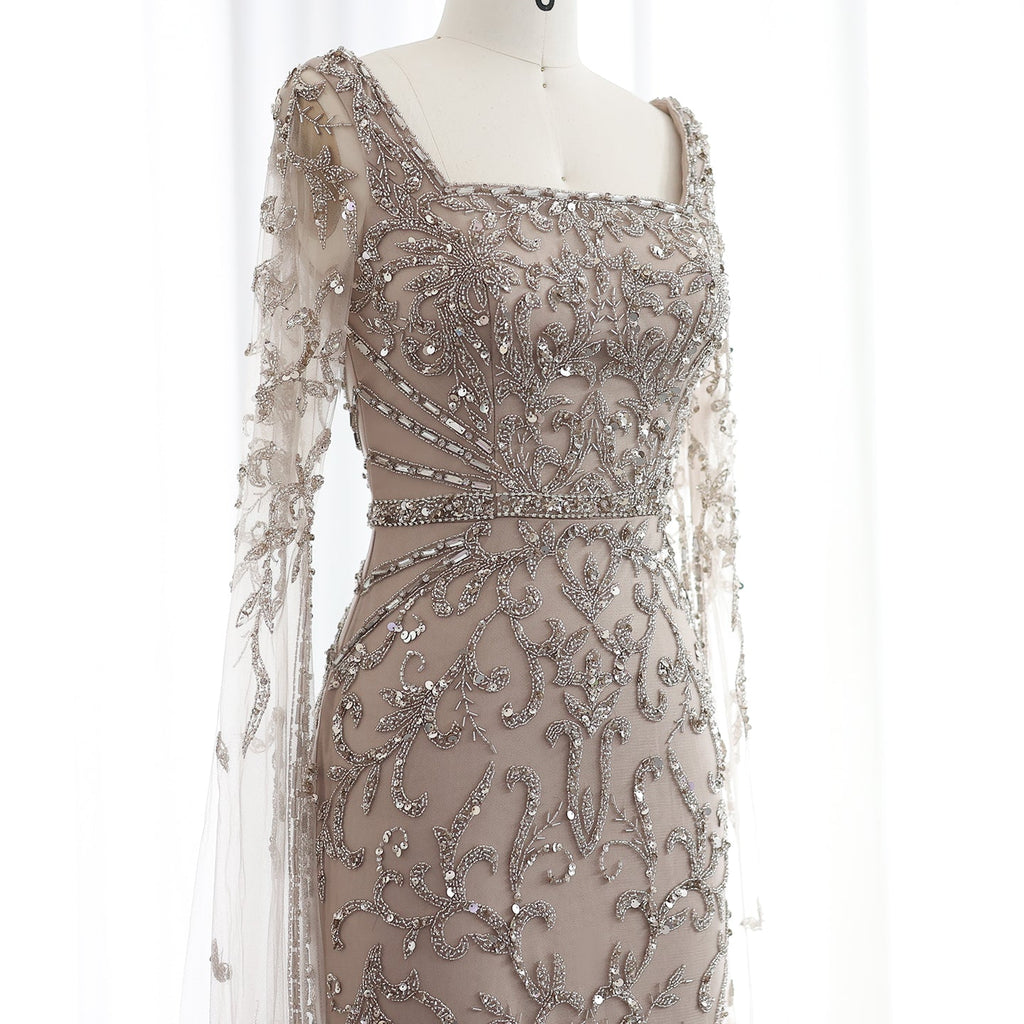 Luxury Beaded Turquoise Evening Dress with Cape Sleeves SS469