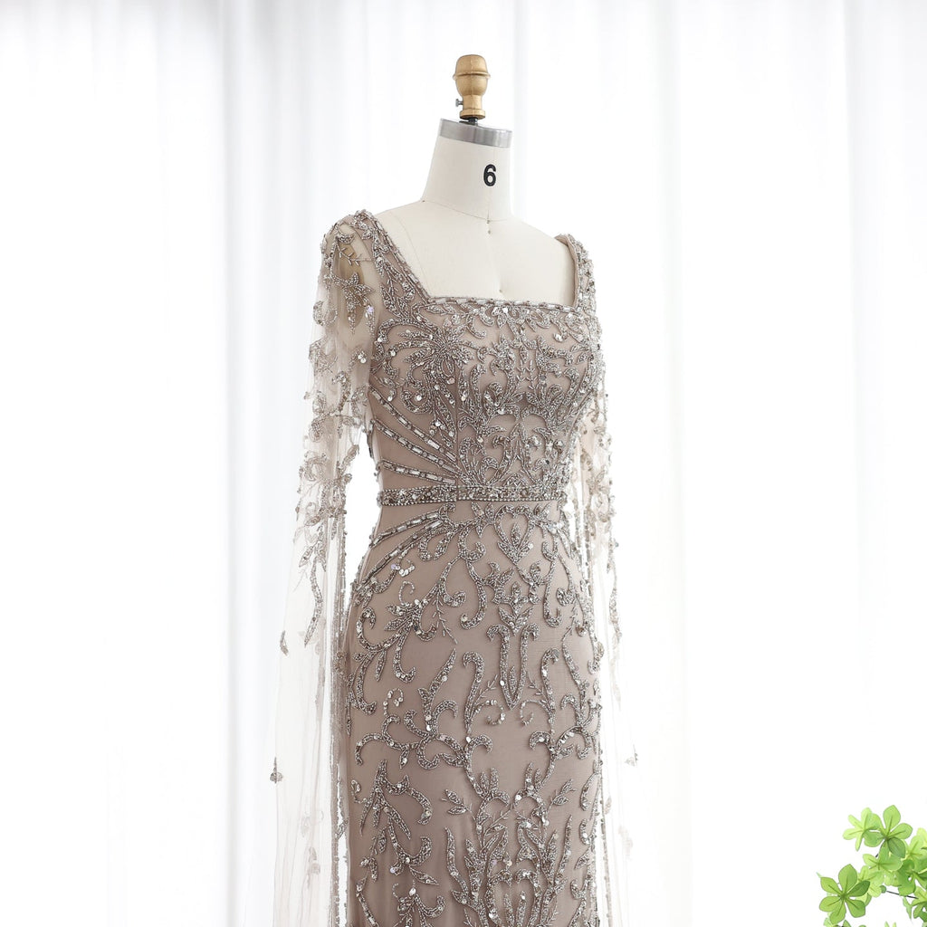 Luxury Beaded Turquoise Evening Dress with Cape Sleeves SS469