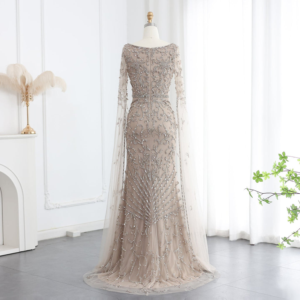 Luxury Beaded Turquoise Evening Dress with Cape Sleeves SS469