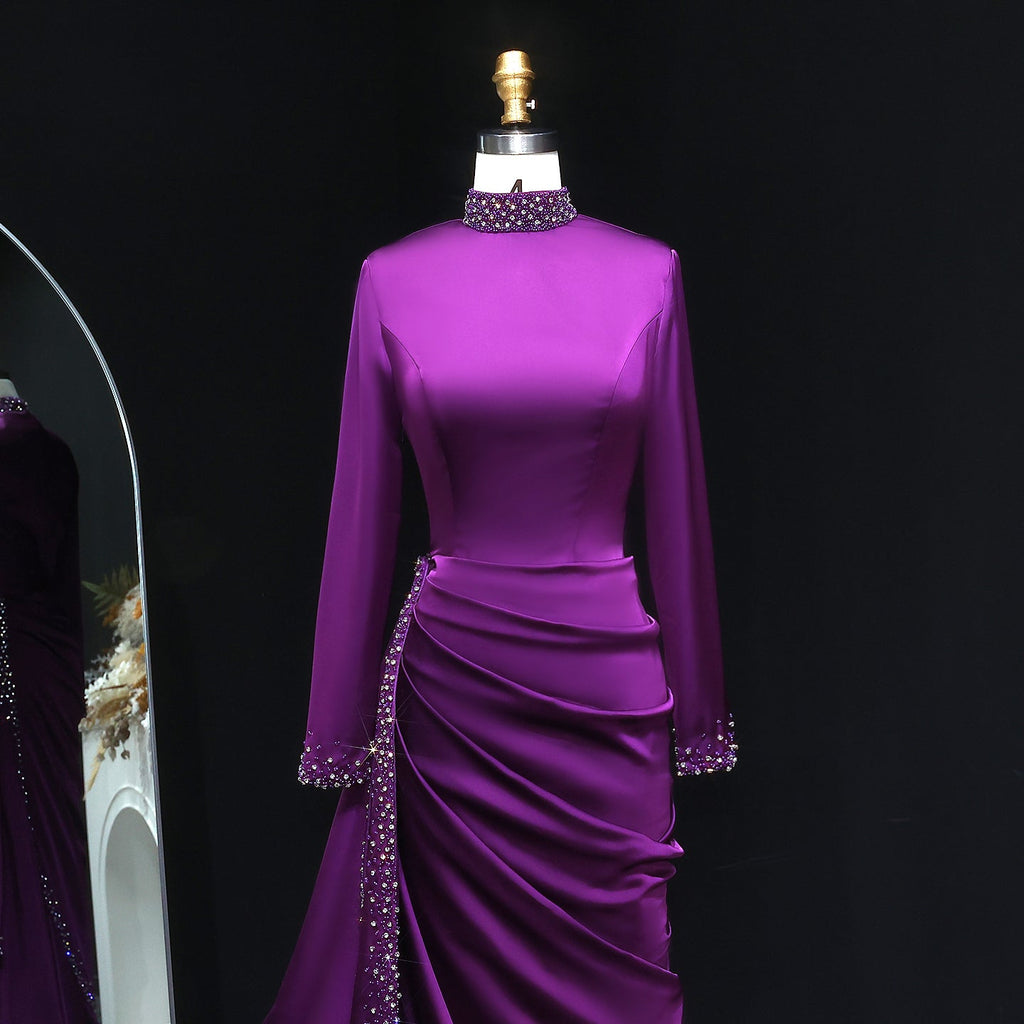 Luxury Purple Ruffles Crystal Evening Dress with Overskirt SF202