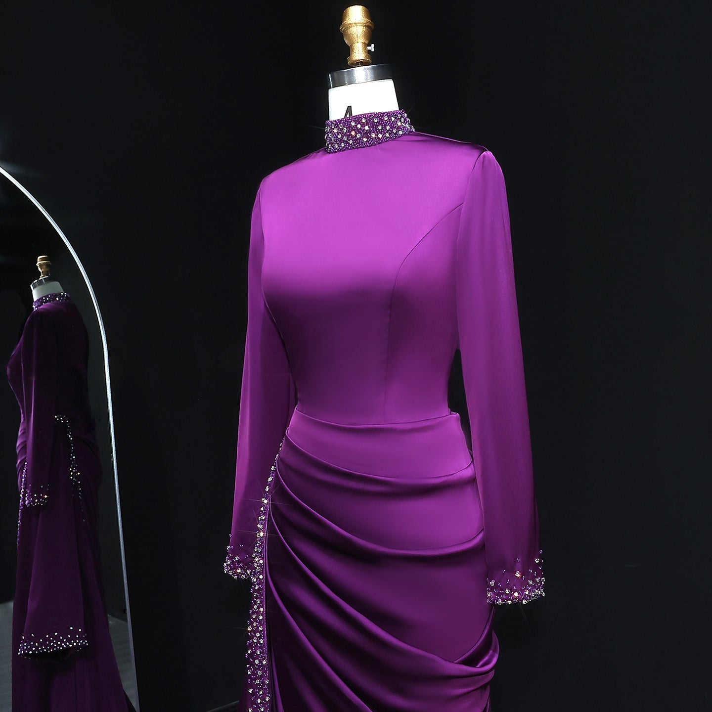 Luxury Purple Ruffles Crystal Evening Dress with Overskirt SF202