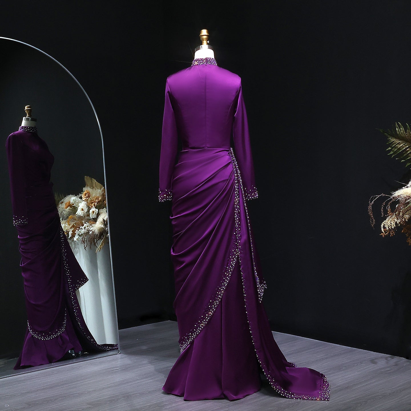 Luxury Purple Ruffles Crystal Evening Dress with Overskirt SF202