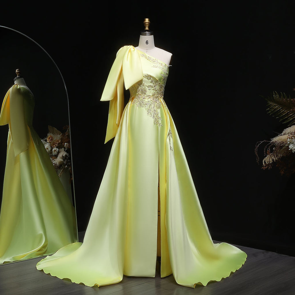 Vibrant Yellow Beaded Side-Slit Formal Evening Dress with Overskirt SF212