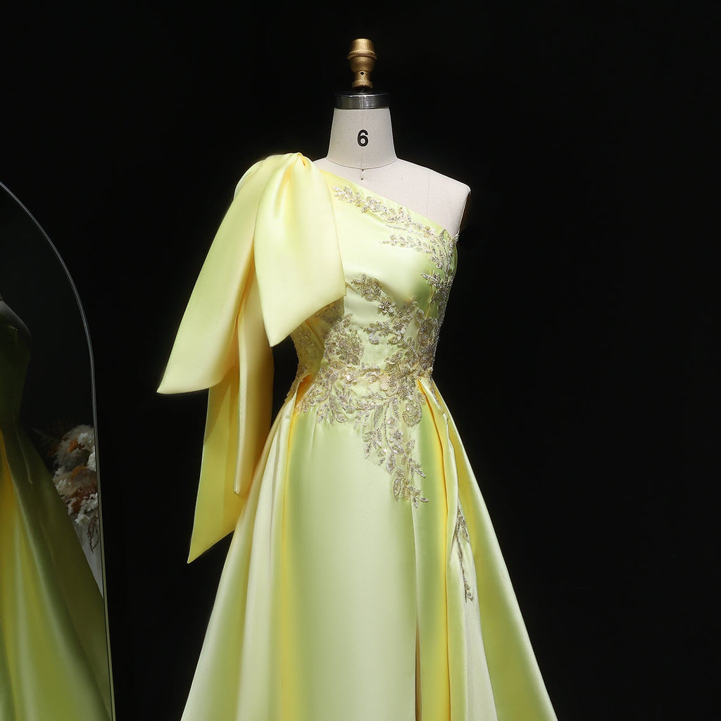 Vibrant Yellow Beaded Side-Slit Formal Evening Dress with Overskirt SF212