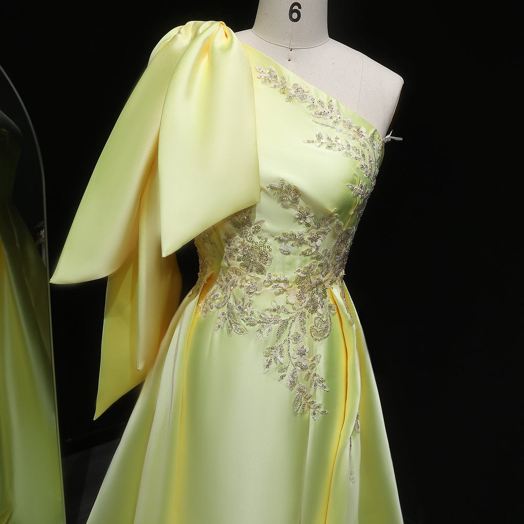 Vibrant Yellow Beaded Side-Slit Formal Evening Dress with Overskirt SF212