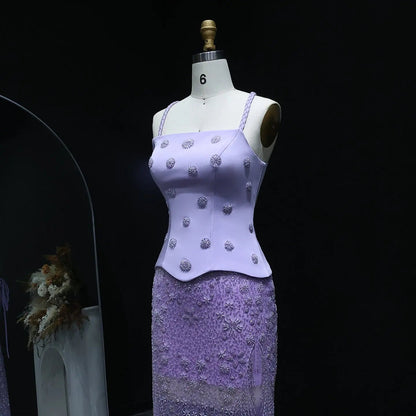 Chic Lilac Two Pieces Evening Dress with Spaghetti Straps SS697