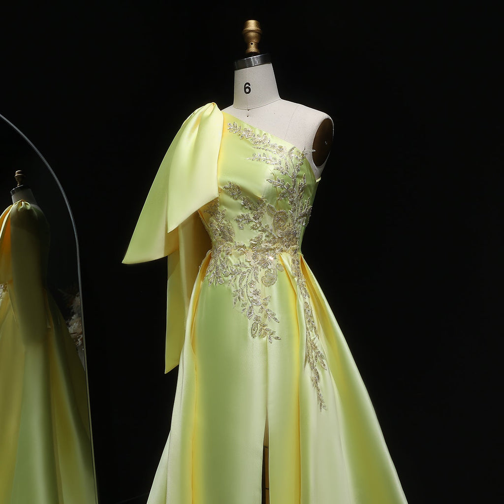 Vibrant Yellow Beaded Side-Slit Formal Evening Dress with Overskirt SF212