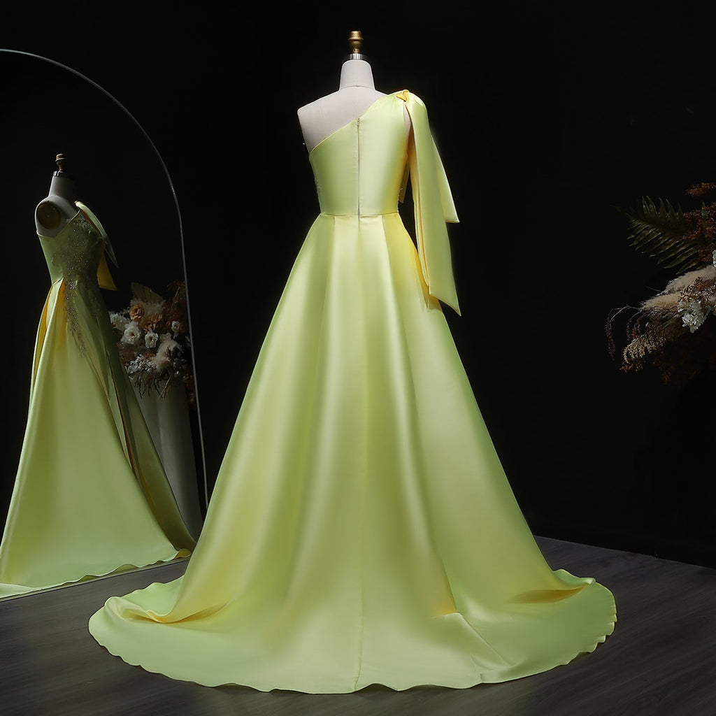 Vibrant Yellow Beaded Side-Slit Formal Evening Dress with Overskirt SF212