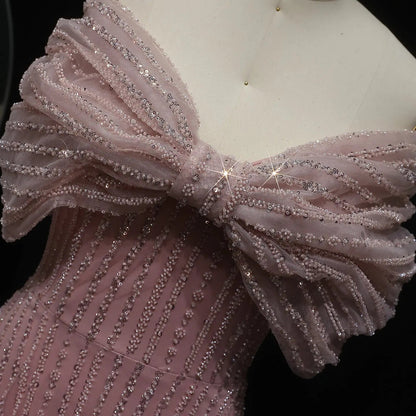 Sparkly Blush Pink Off Shoulder Evening Dress SS653
