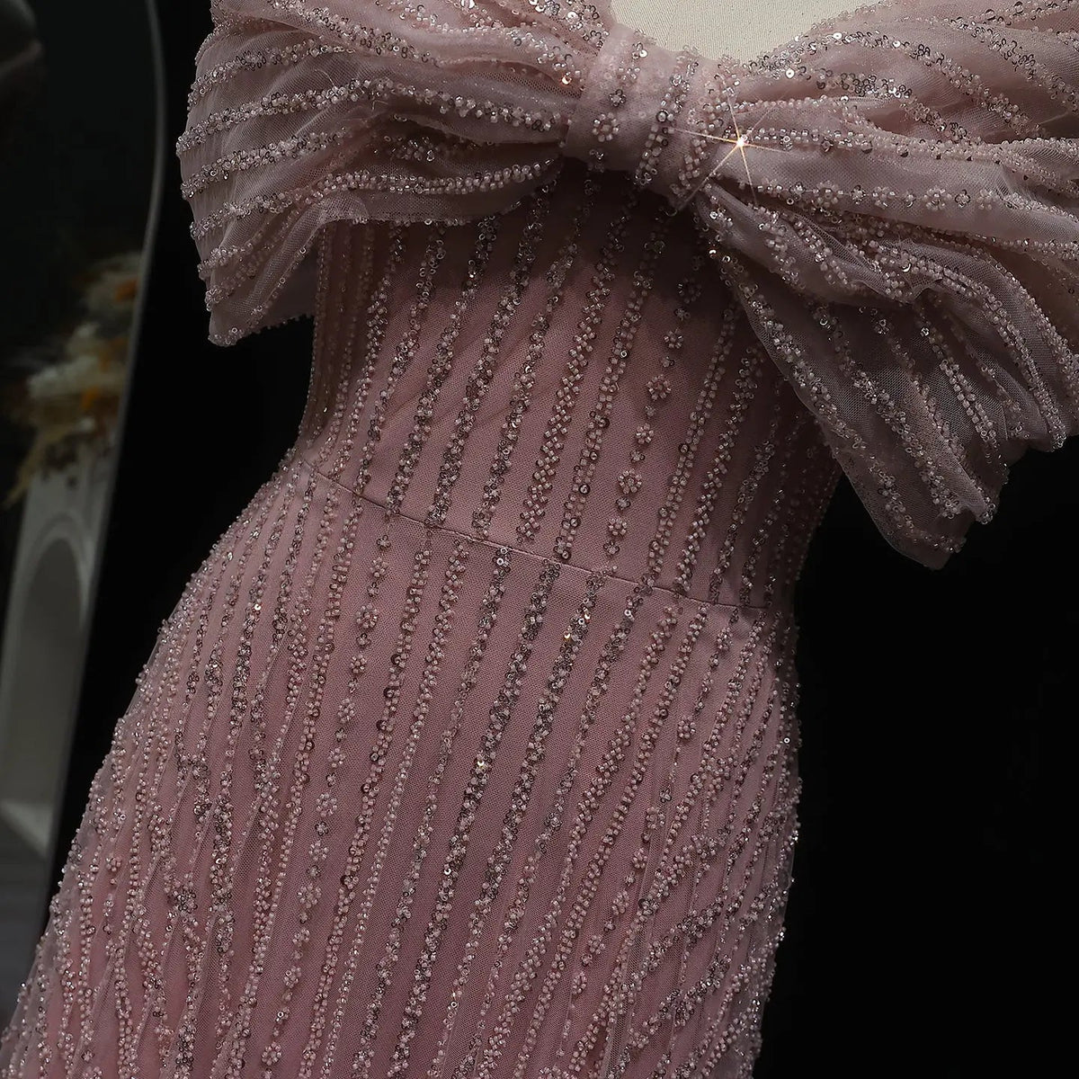 Sparkly Blush Pink Off Shoulder Evening Dress SS653