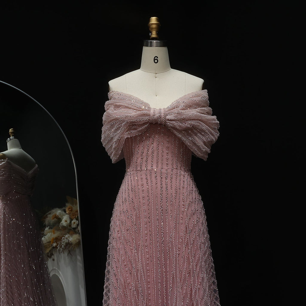 Stunning Beaded Blush Pink Off-Shoulder Evening Dress SS653