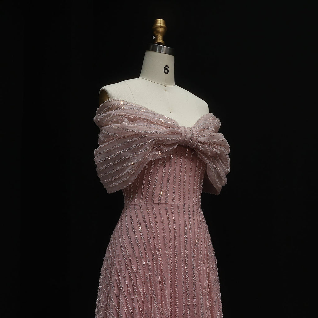Stunning Beaded Blush Pink Off-Shoulder Evening Dress SS653