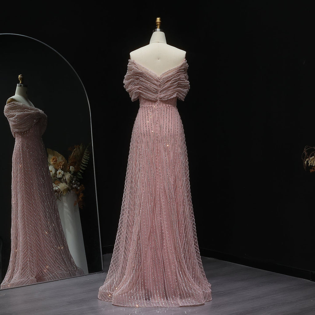 Stunning Beaded Blush Pink Off-Shoulder Evening Dress SS653